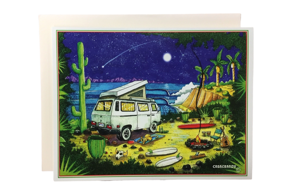 card with artwork of a van, moonlight and ocean scene
